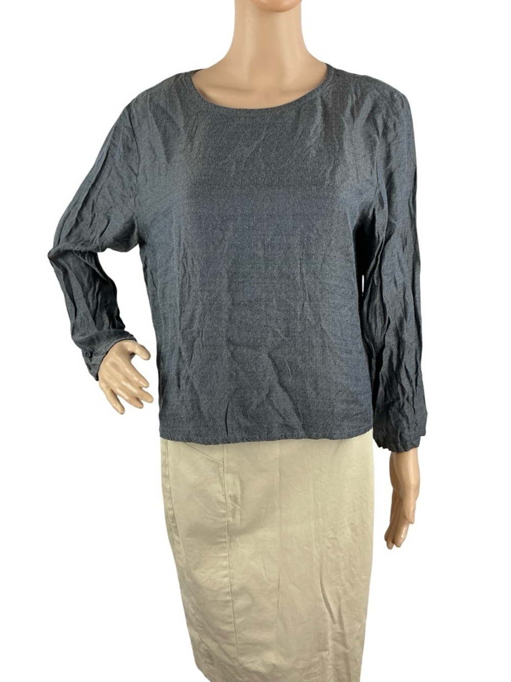 Eileen Fisher Silk Linen Top Herringbone Gray Long Sleeve Size S
